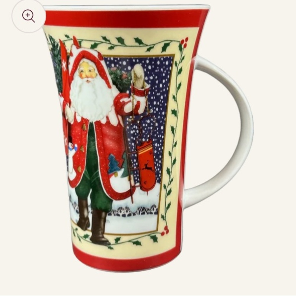 Pimpernel Tall Porcelain Mug with Santa Holding Skis & Sled. New.